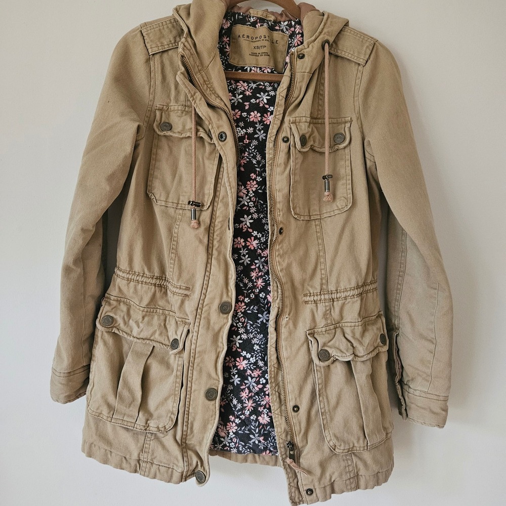 AEROPOSTALE Khaki‎ Utility Jacket Hooded Parka XS/TP Floral Lined - Picture 12 of 12